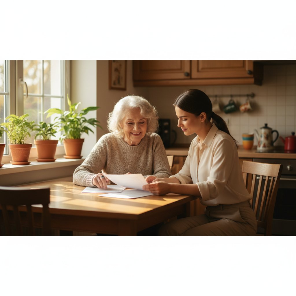 Senior otrzymujący pomoc w wypełnianiu dokumentów w biurze Greenspotbase w Krakowie